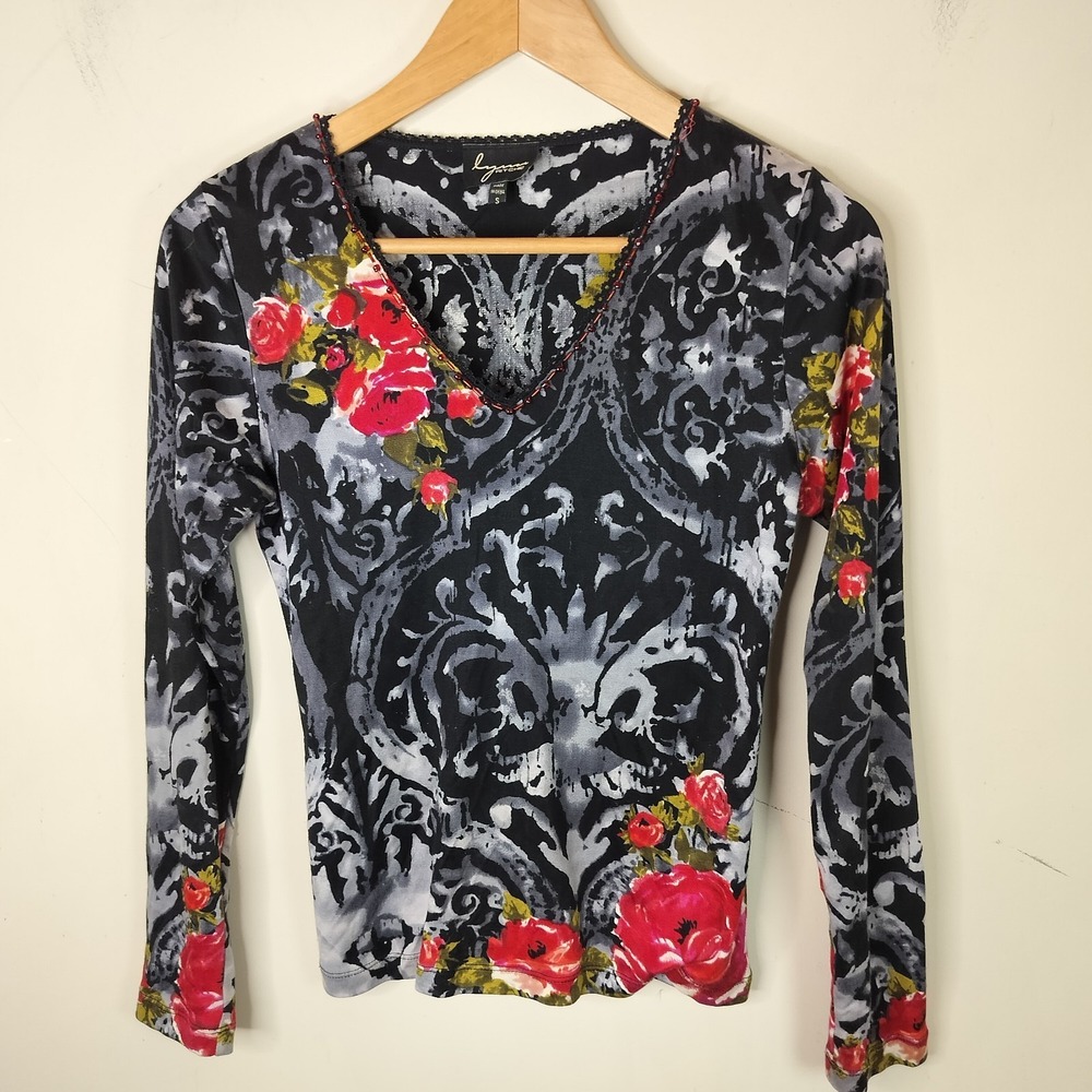 Lynn Ritchie Long Sleeve Top Floral Silk Knit Beaded Neckline Y2K